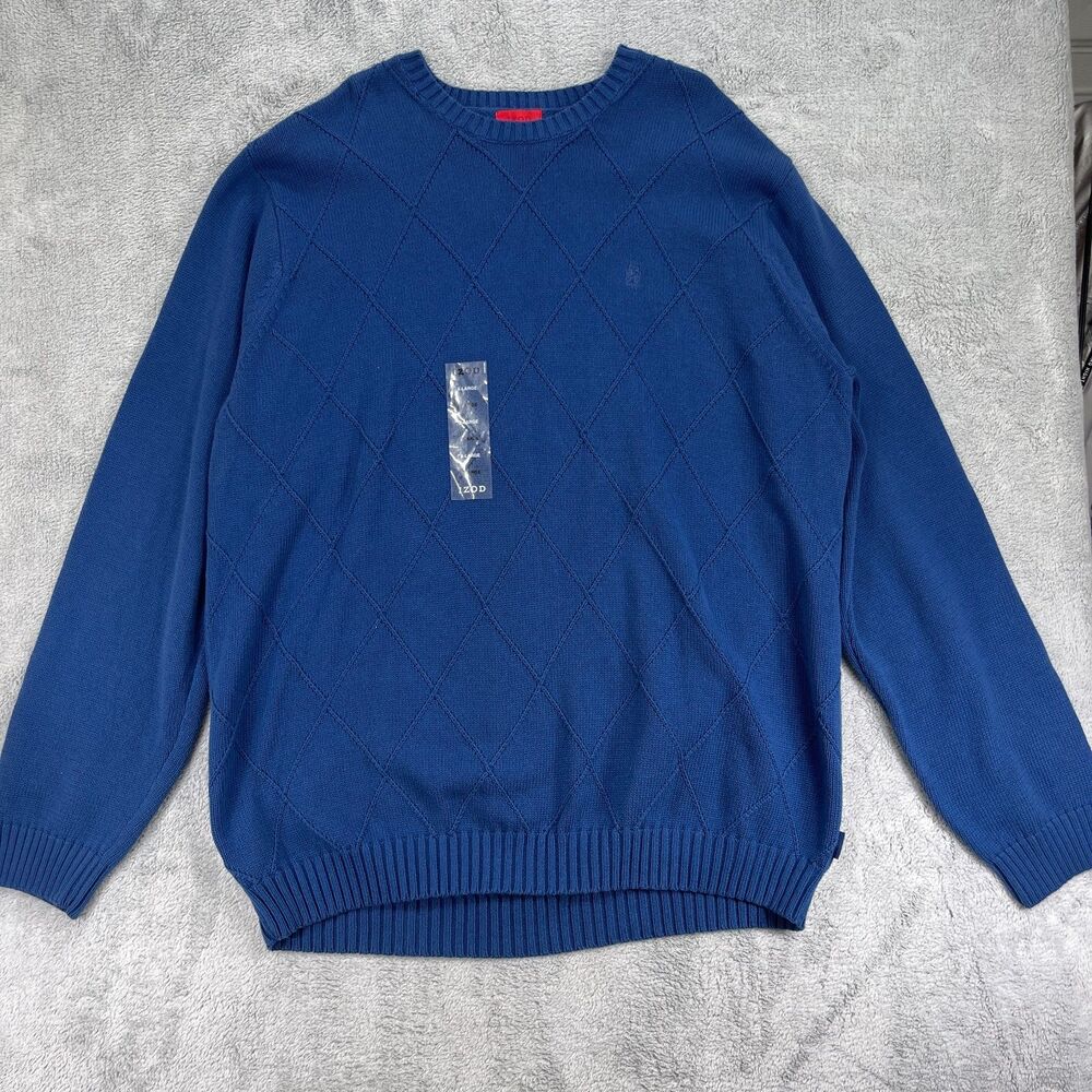 IZOD Sweater Men‎ XL Victory Blue Windowpane Pullover Knit Cotton 447909